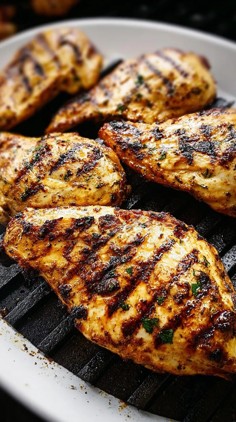 Close-up of perfectly golden-brown grilled chicken breasts on a grill grate, garnished with fresh herbs.
