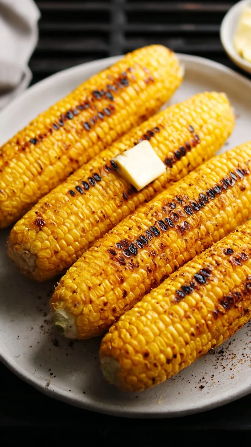 Fresh ears of grilled corn on the cob with melted butter and black pepper on a platter