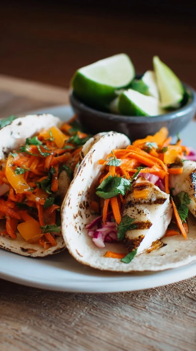 Close-up of two vibrant grilled fish tacos with citrus carrot slaw, fresh cilantro, and a lime wedge on a wooden board.