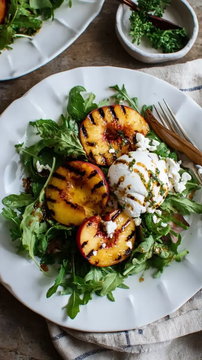 A platter of grilled peaches with creamy burrata cheese, arugula, and balsamic glaze.