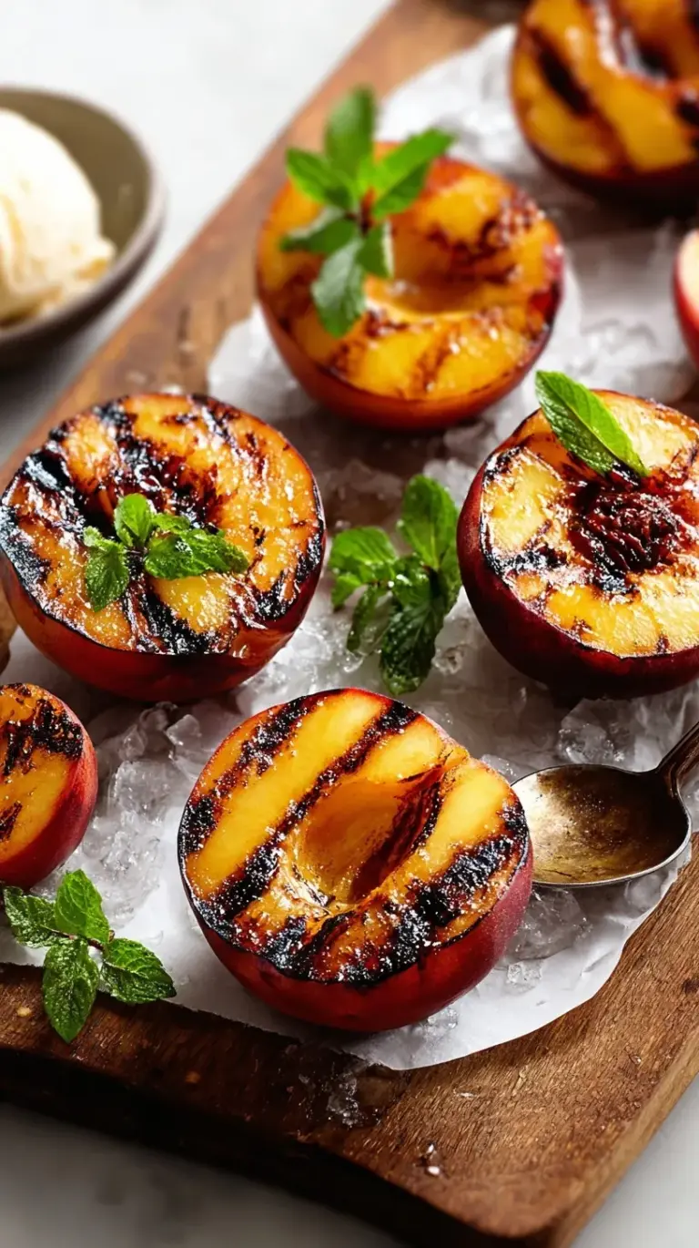 Golden grilled peach halves with dark char marks drizzled with honey and sprinkled with cinnamon on a white plate.