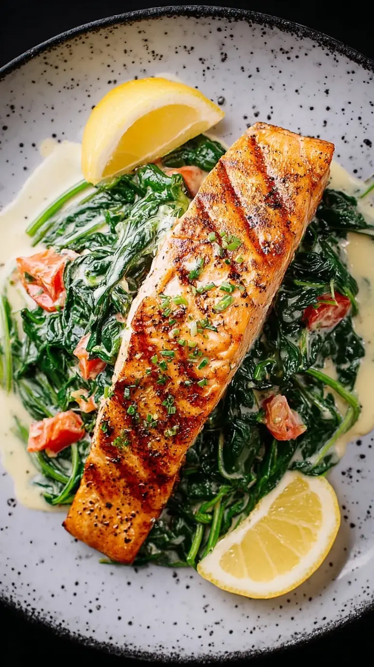 Grilled salmon fillet served over a bed of creamy garlic parmesan spinach