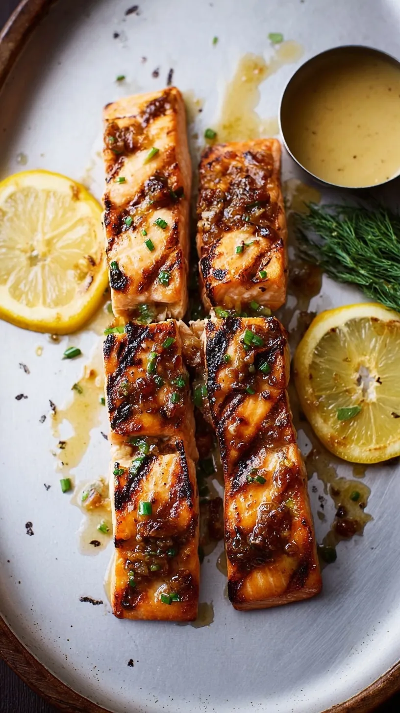 A close-up shot of grilled salmon fillets with lemon wedges and fresh dill on a platter.