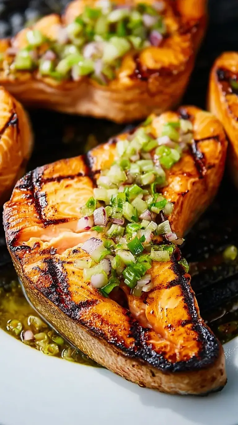 Four grilled salmon steaks with lemon wedges and fresh dill on a platter