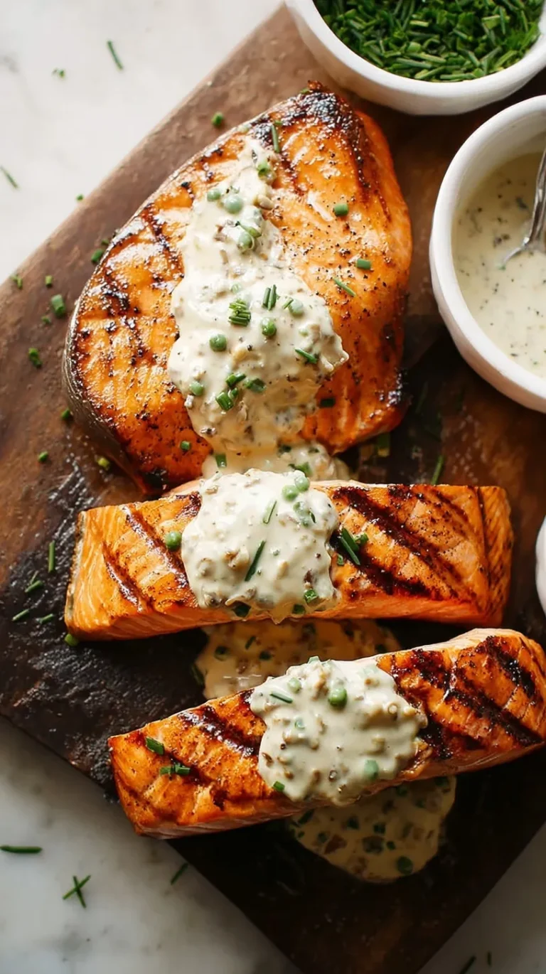 Grilled Salmon Steaks with Creamy Mustard Chive Sauce on a white plate with fresh herbs and lemon wedges