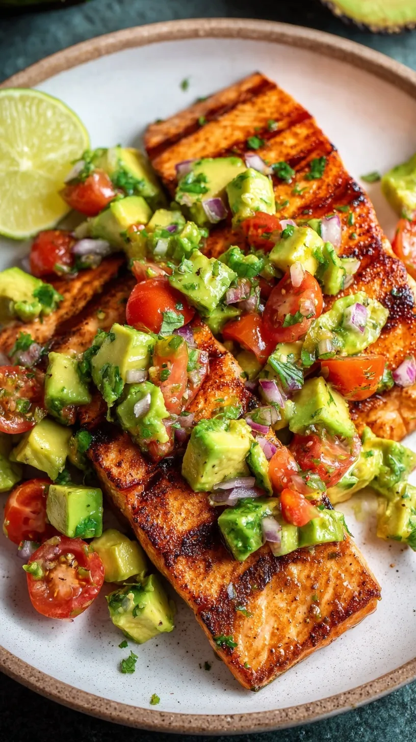 Grilled salmon fillets topped with fresh avocado salsa on a serving plate