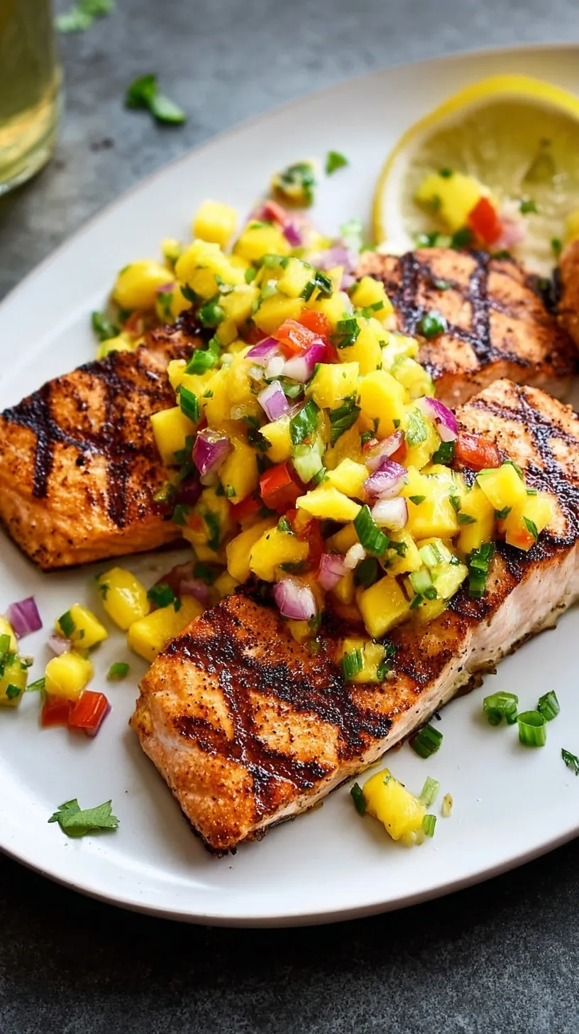 Perfectly grilled salmon fillets topped with bright, colorful mango salsa on a white plate.