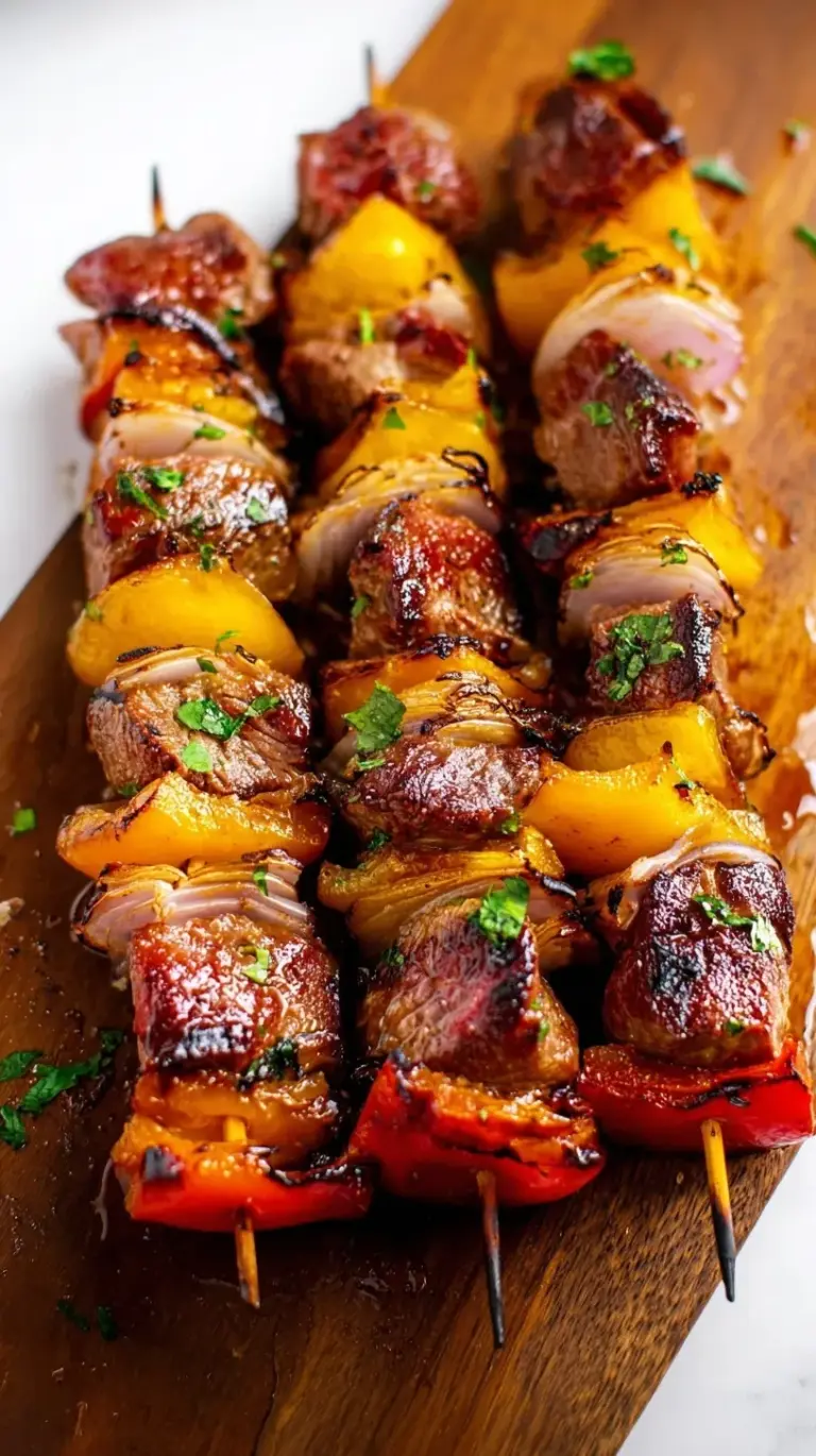 Skewers of grilled steak cubes, red and green bell peppers, and red onions on a white platter.