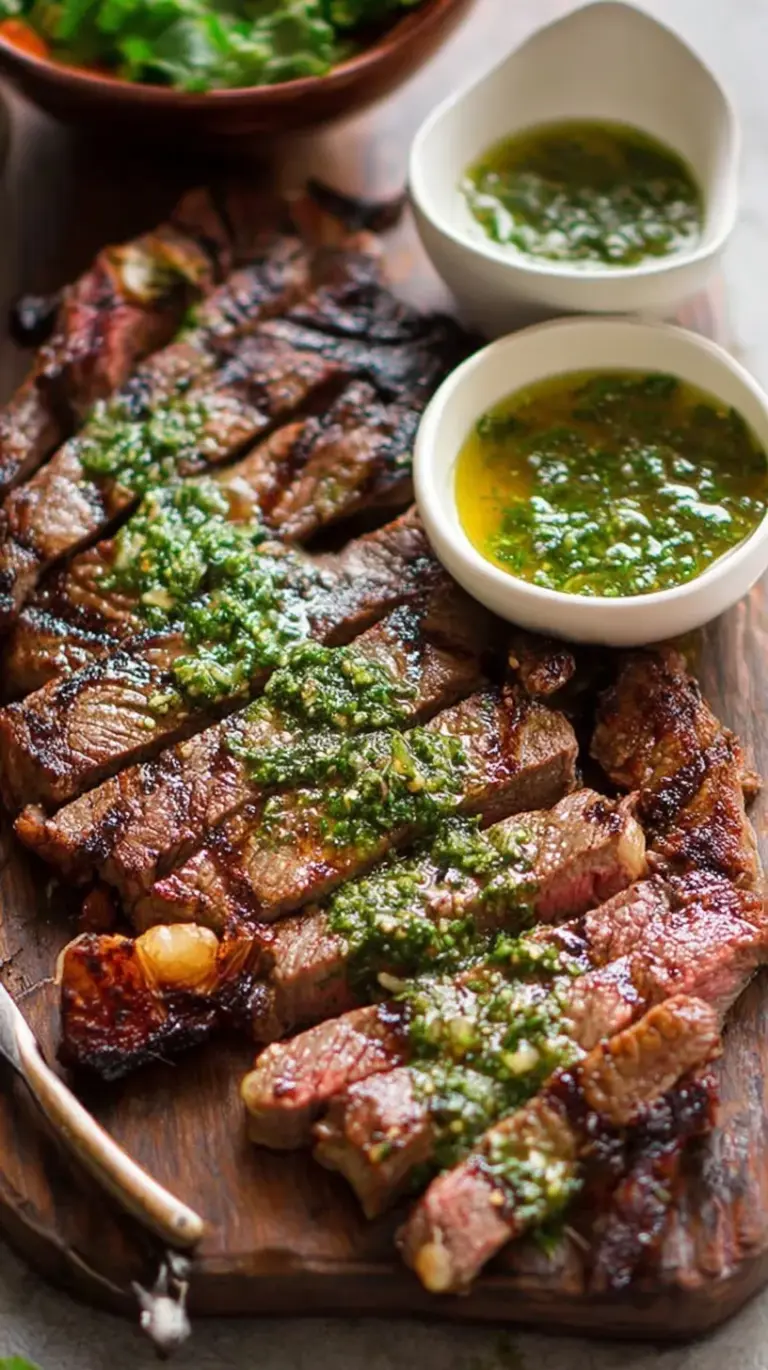 Sliced grilled steak on a wooden board topped with vibrant green parsley sauce