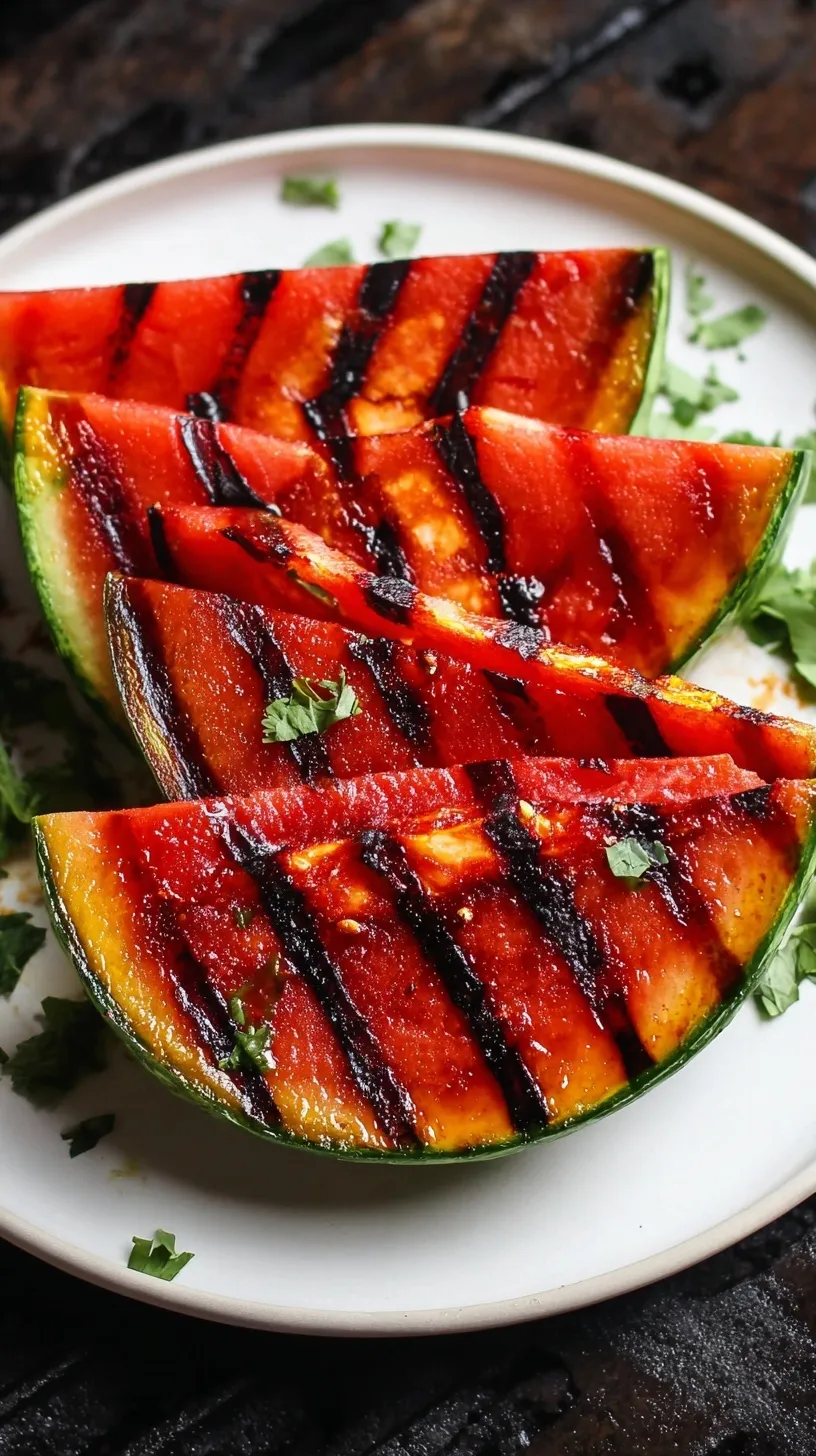 Slices of grilled watermelon with char marks, topped with fresh mint and lime on a white platter.