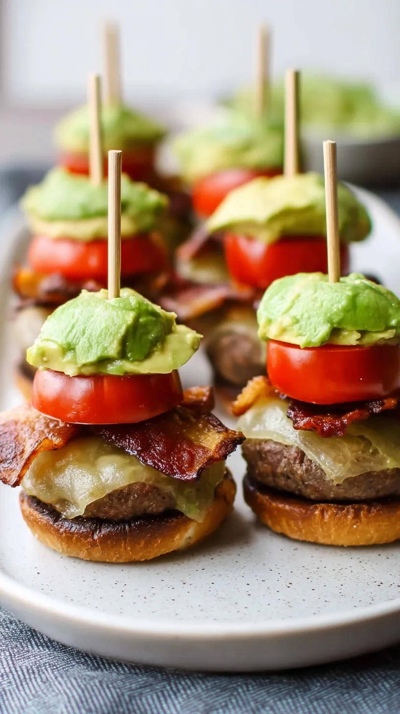 A platter of delicious Guacamole Bacon Burger Bites with fresh cilantro garnish, ready to serve at a party.