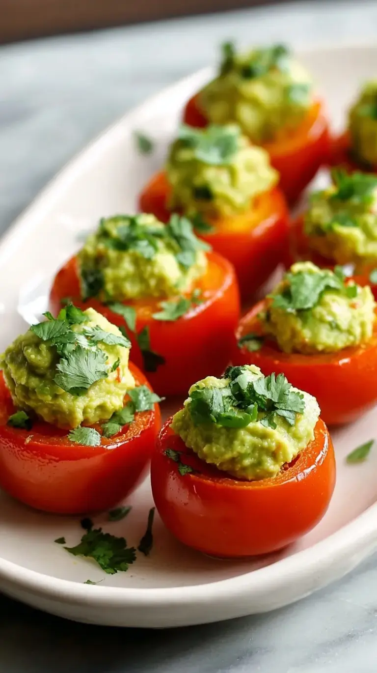 A platter of bright red cherry tomatoes filled with creamy green guacamole and topped with fresh cilantro.
