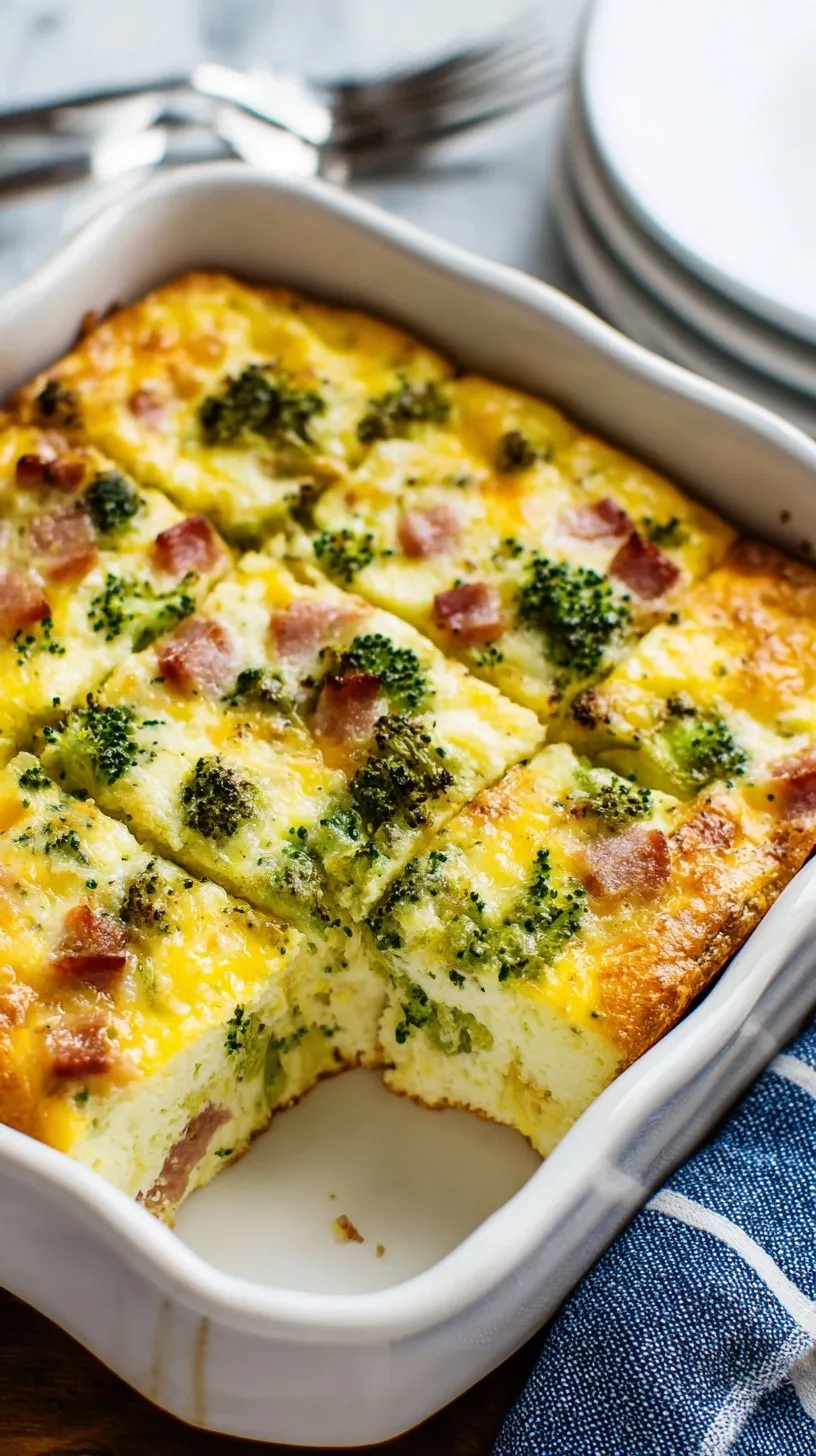 A golden brown ham and broccoli breakfast casserole in a white ceramic baking dish