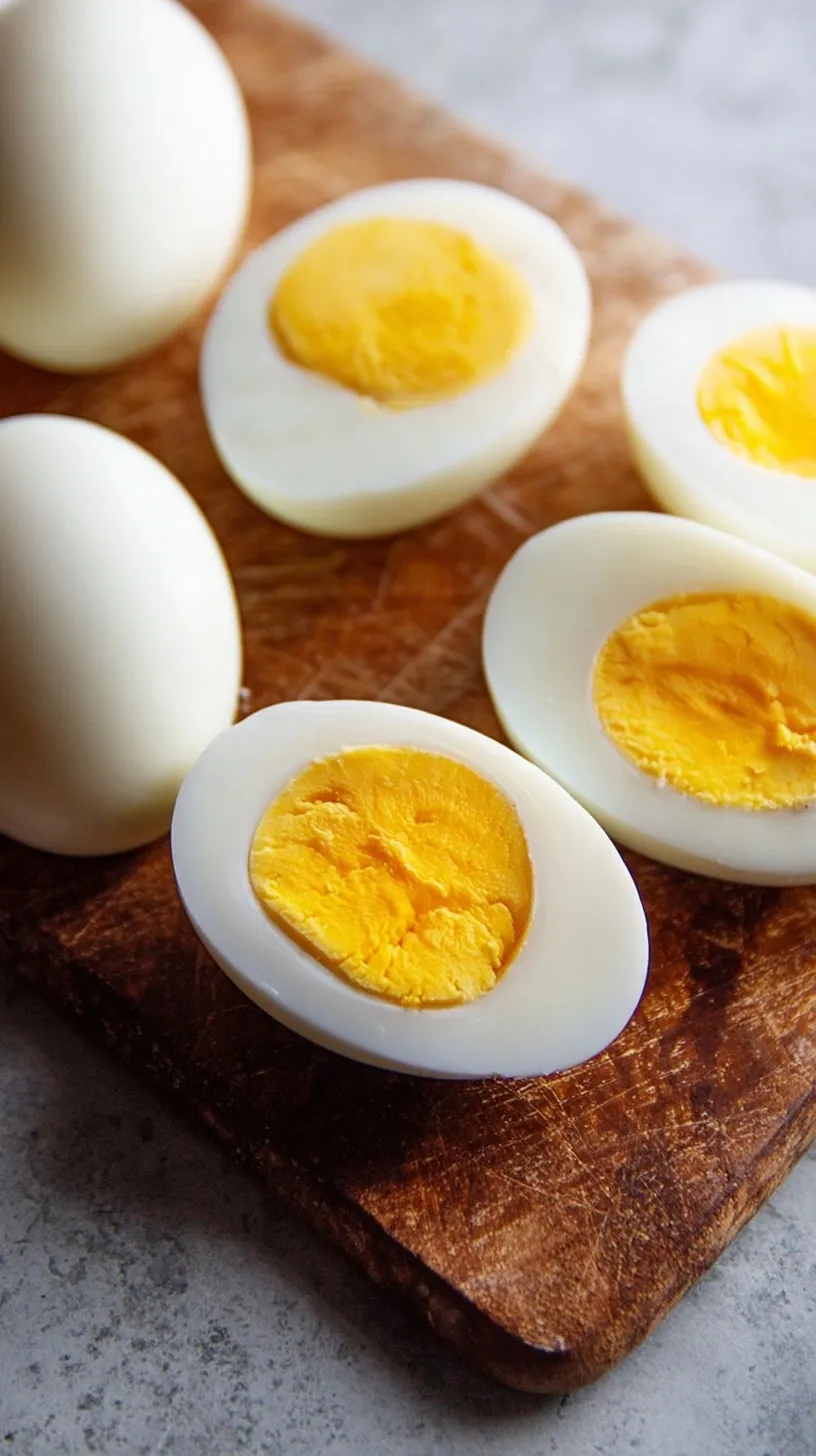 A close-up of several perfectly peeled hard boiled eggs, some sliced in half, revealing golden yolks, next to a bowl of ice water.