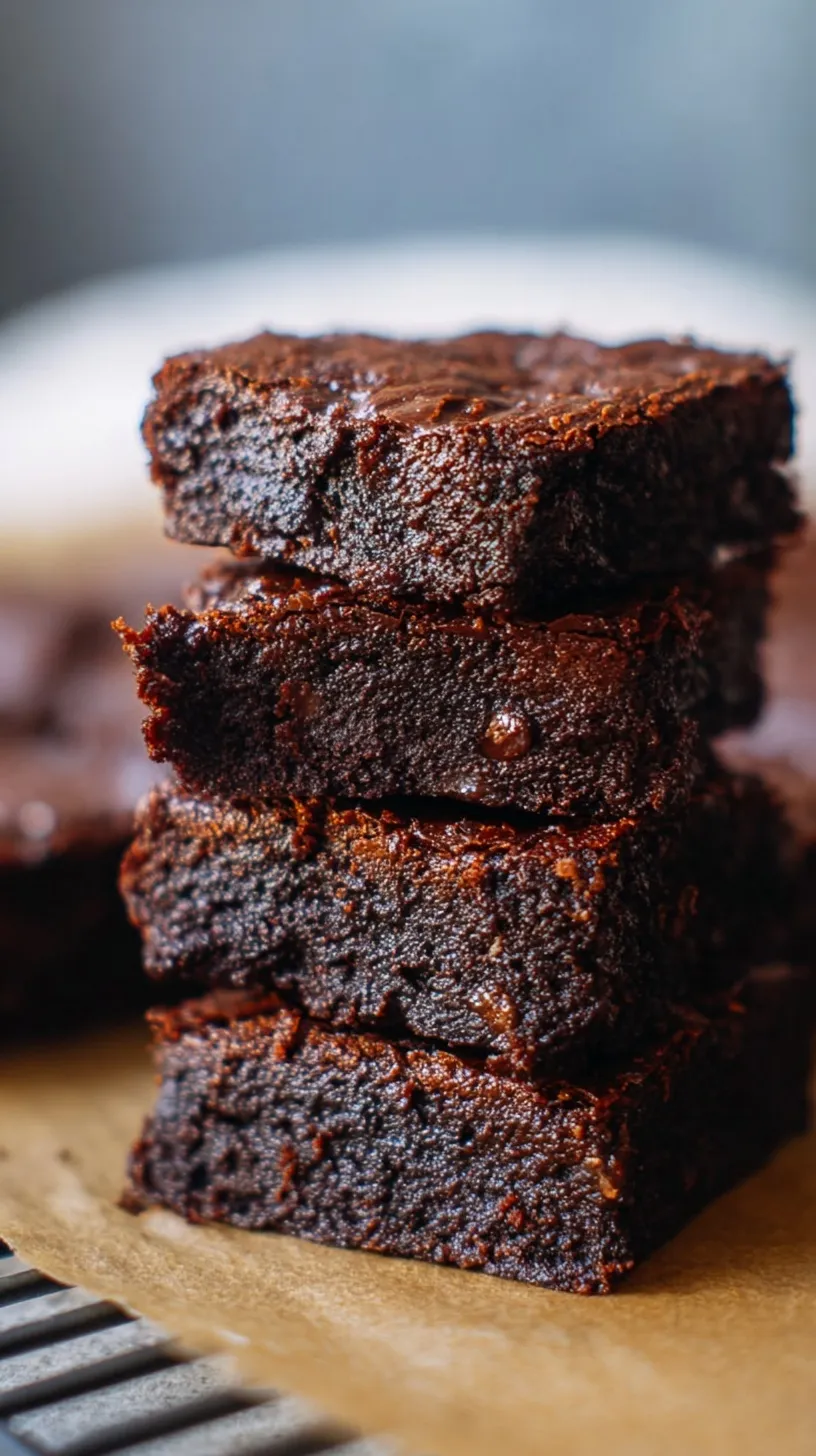 A stack of fudgy keto almond flour brownies on parchment paper with a dusting of cocoa powder.