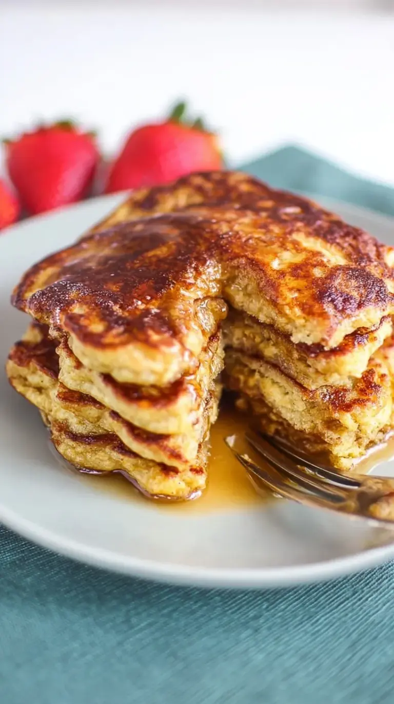 A stack of golden brown 2 ingredient banana pancakes on a white plate with fresh berries