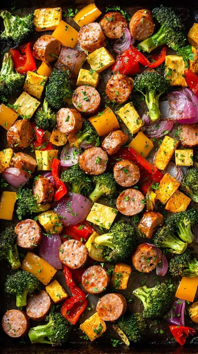 A colorful sheet pan filled with roasted sausage, bell peppers, zucchini, and broccoli.