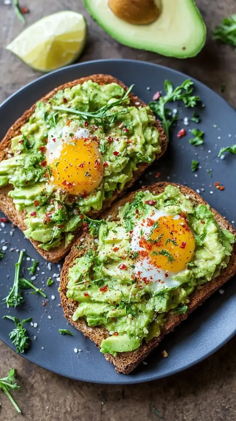 A slice of golden whole grain toast topped with creamy mashed avocado, red pepper flakes, and a drizzle of olive oil.