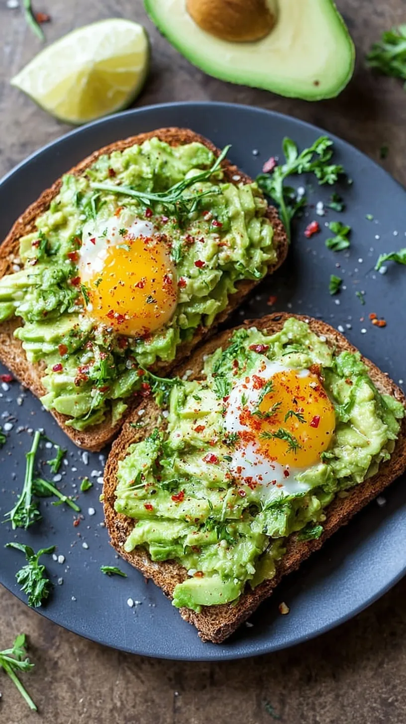 A slice of golden whole grain toast topped with creamy mashed avocado, red pepper flakes, and a drizzle of olive oil.