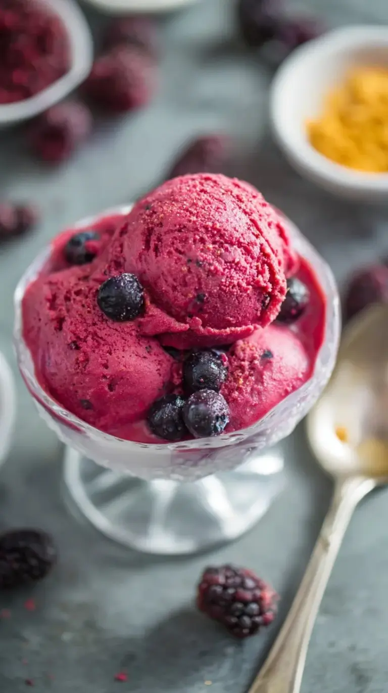 A bowl of vibrant purple berry frozen yogurt with fresh mint on top