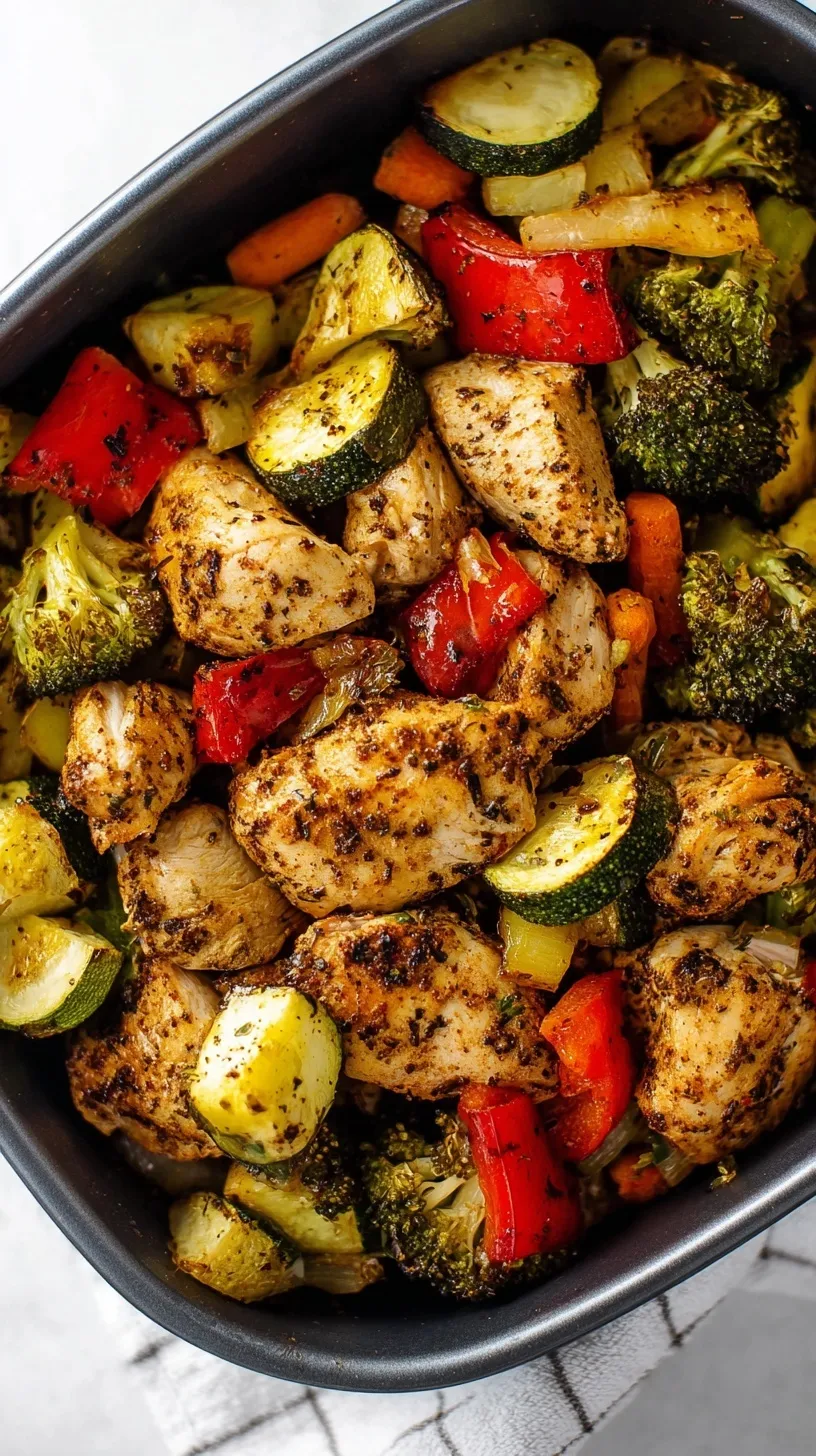 A colorful bowl of air-fried chicken breast cubes, broccoli, bell peppers, and zucchini