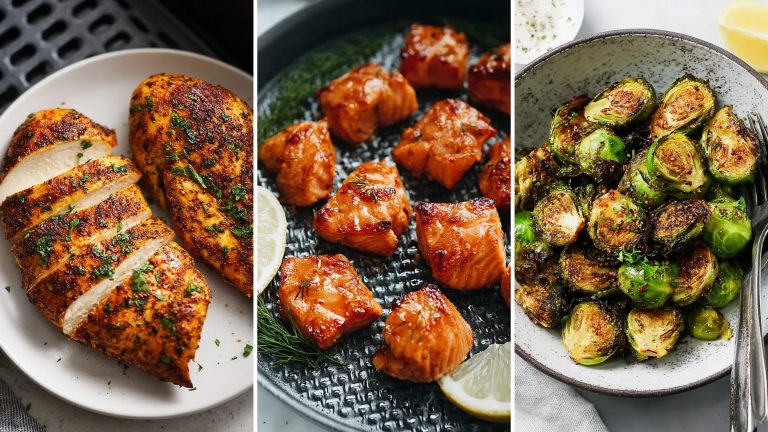 Healthy air fryer recipes: air fryer chicken breast, salmon bites and Brussels sprouts