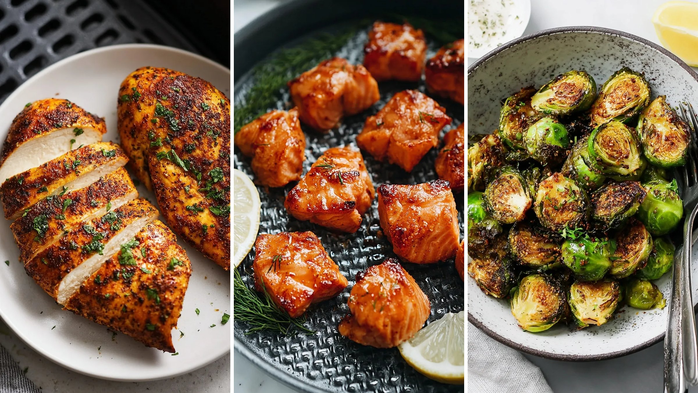 Healthy air fryer recipes: air fryer chicken breast, salmon bites and Brussels sprouts
