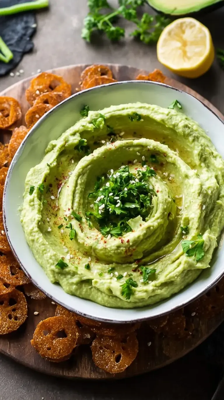 A bowl of creamy green avocado hummus topped with fresh cilantro and olive oil