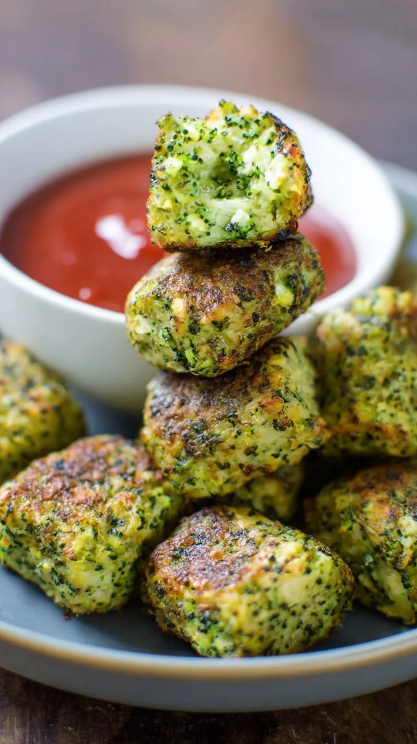 Golden brown baked broccoli tots served on a white plate with dipping sauce