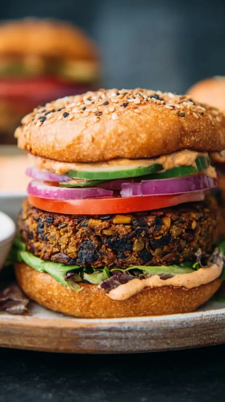 A close-up of a golden-brown black bean burger on a toasted bun with fresh greens and avocado.