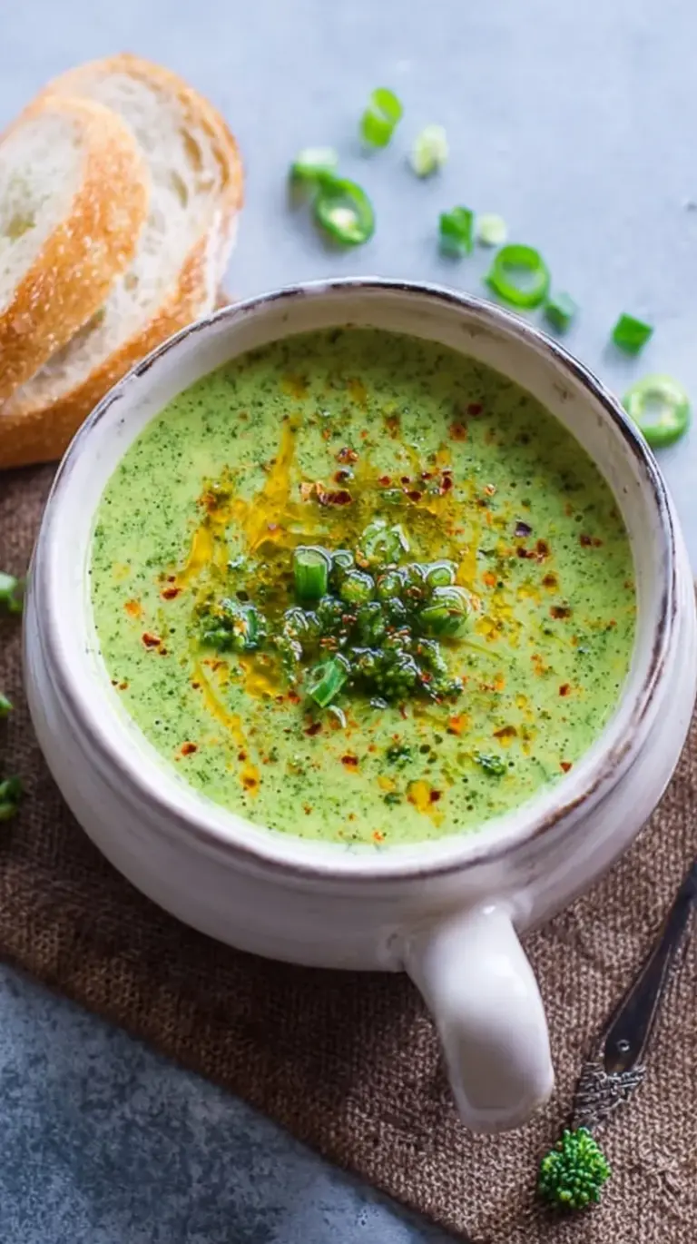 A bowl of vibrant green healthy broccoli soup with a lemon wedge on the side.