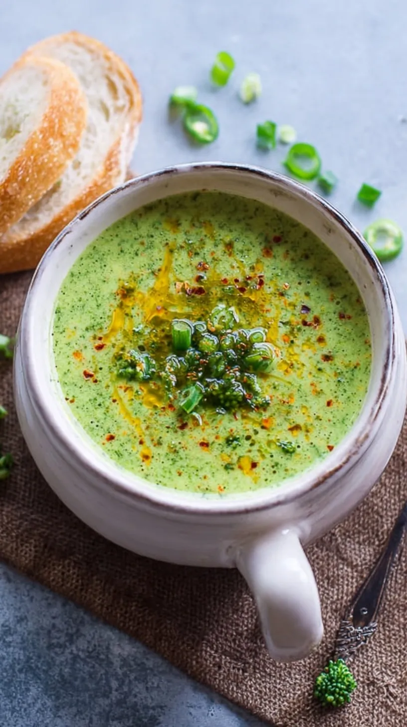 A bowl of vibrant green healthy broccoli soup with a lemon wedge on the side.
