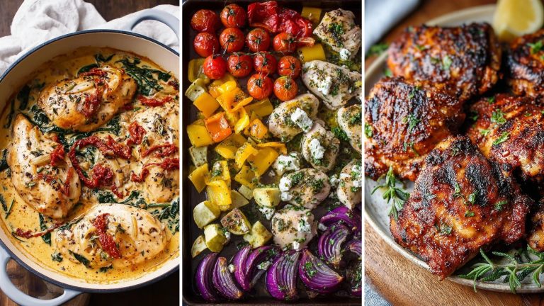 Healthy chicken dinners: creamy Tuscan chicken, Greek sheet pan chicken and grilled chicken thighs