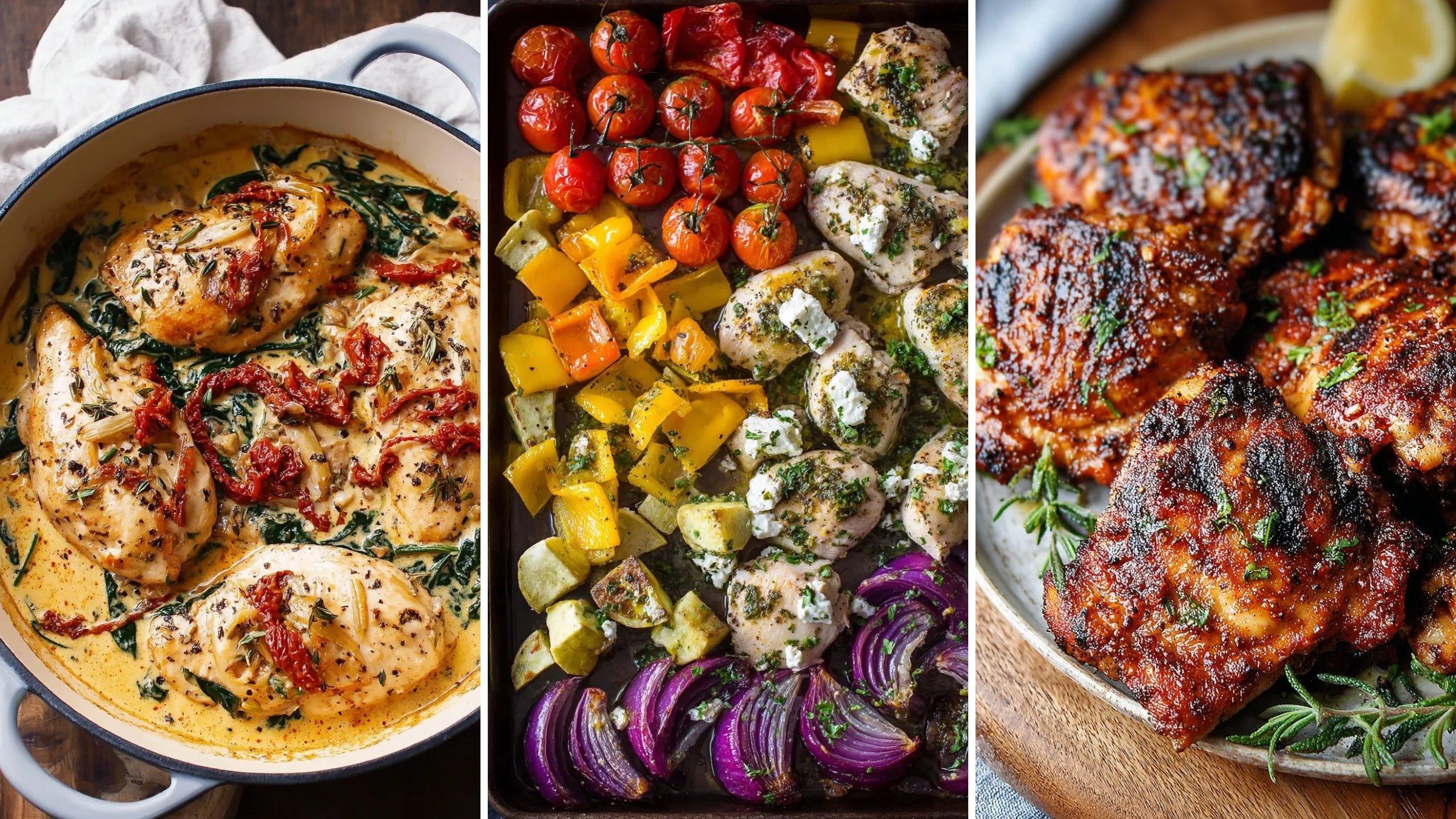 Healthy chicken dinners: creamy Tuscan chicken, Greek sheet pan chicken and grilled chicken thighs