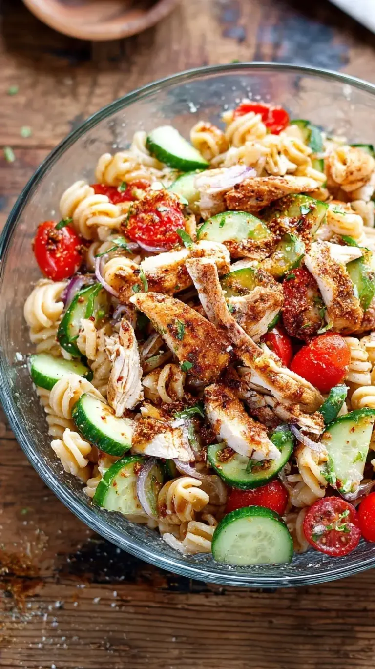 A large white bowl filled with whole wheat penne, grilled chicken, diced cucumbers, and cherry tomatoes tossed in balsamic dressing.