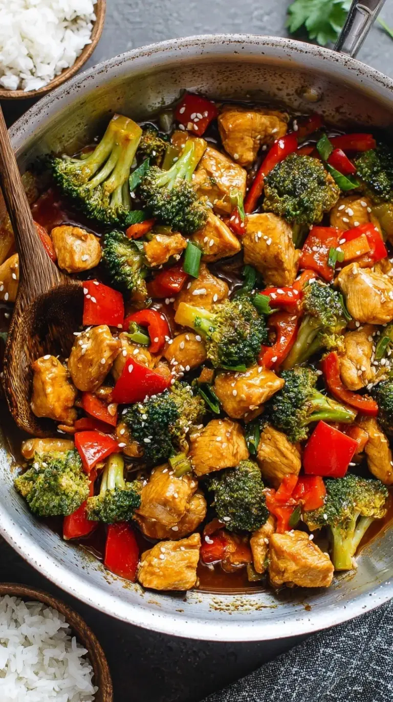 A vibrant healthy chicken stir-fry with bright green broccoli and golden chicken in a skillet