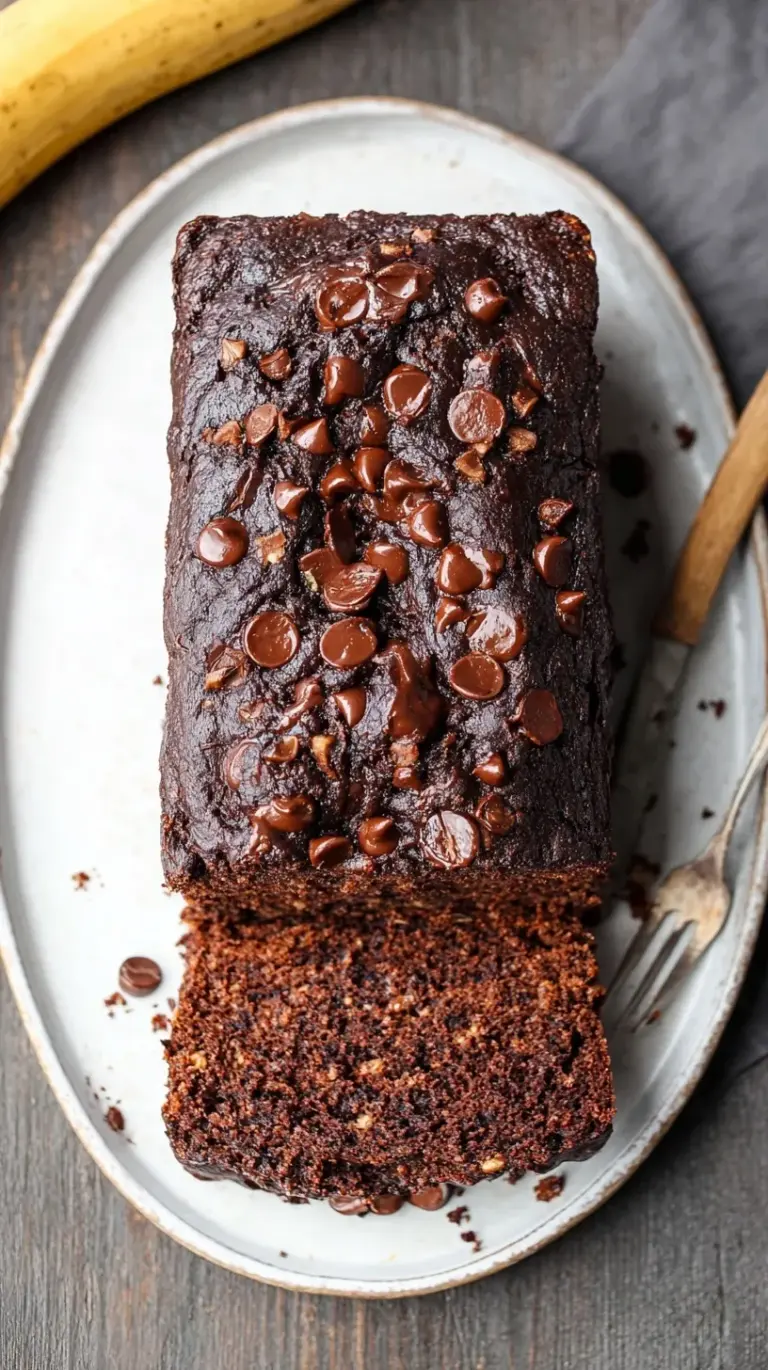 A sliced loaf of dark chocolate banana bread on a wooden board with melted chocolate chips