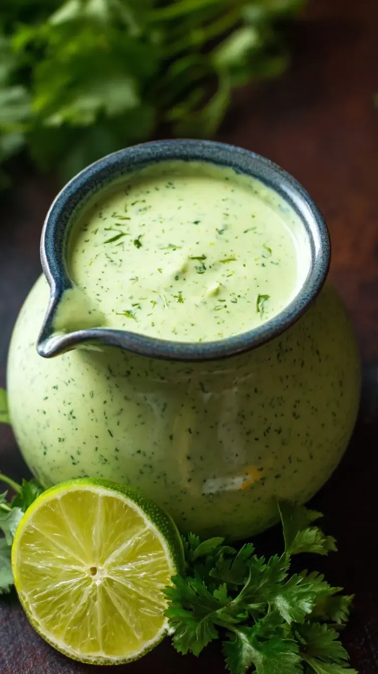 Creamy green avocado cilantro lime dressing in a glass jar with fresh lime and cilantro.