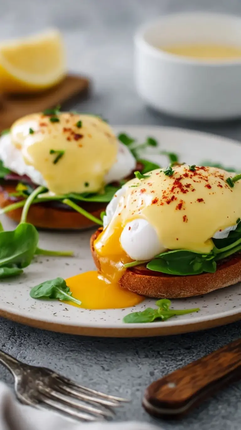 A plate of Healthy Eggs Benedict with perfectly poached eggs, avocado hollandaise, and fresh spinach on whole-wheat English muffins.