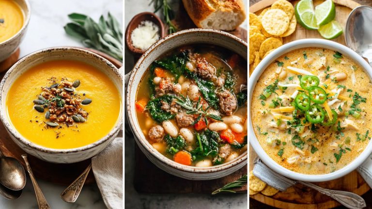 Cozy healthy fall soups: roasted butternut squash soup, Italian sausage white bean soup and creamy white chicken chili