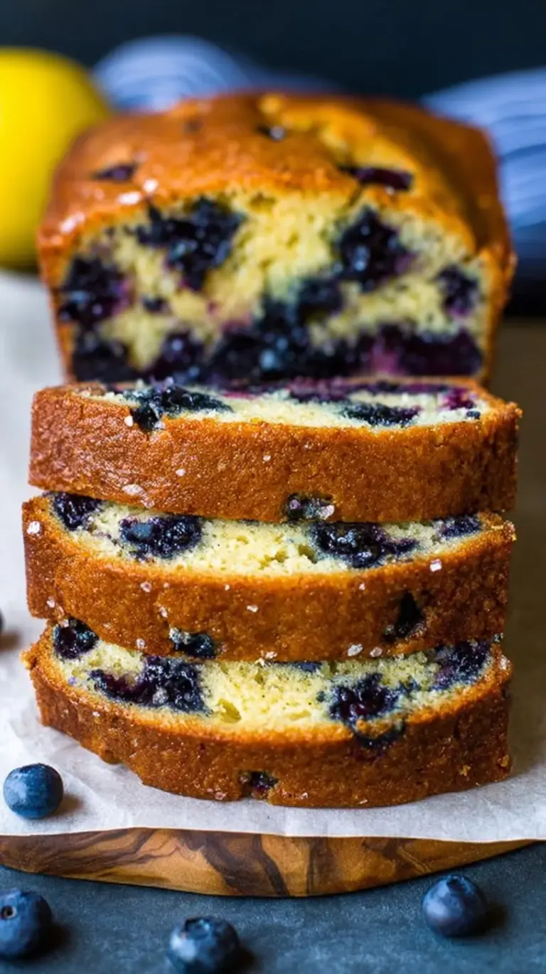 A golden loaf of lemon blueberry bread sliced on a wooden board with fresh berries nearby.