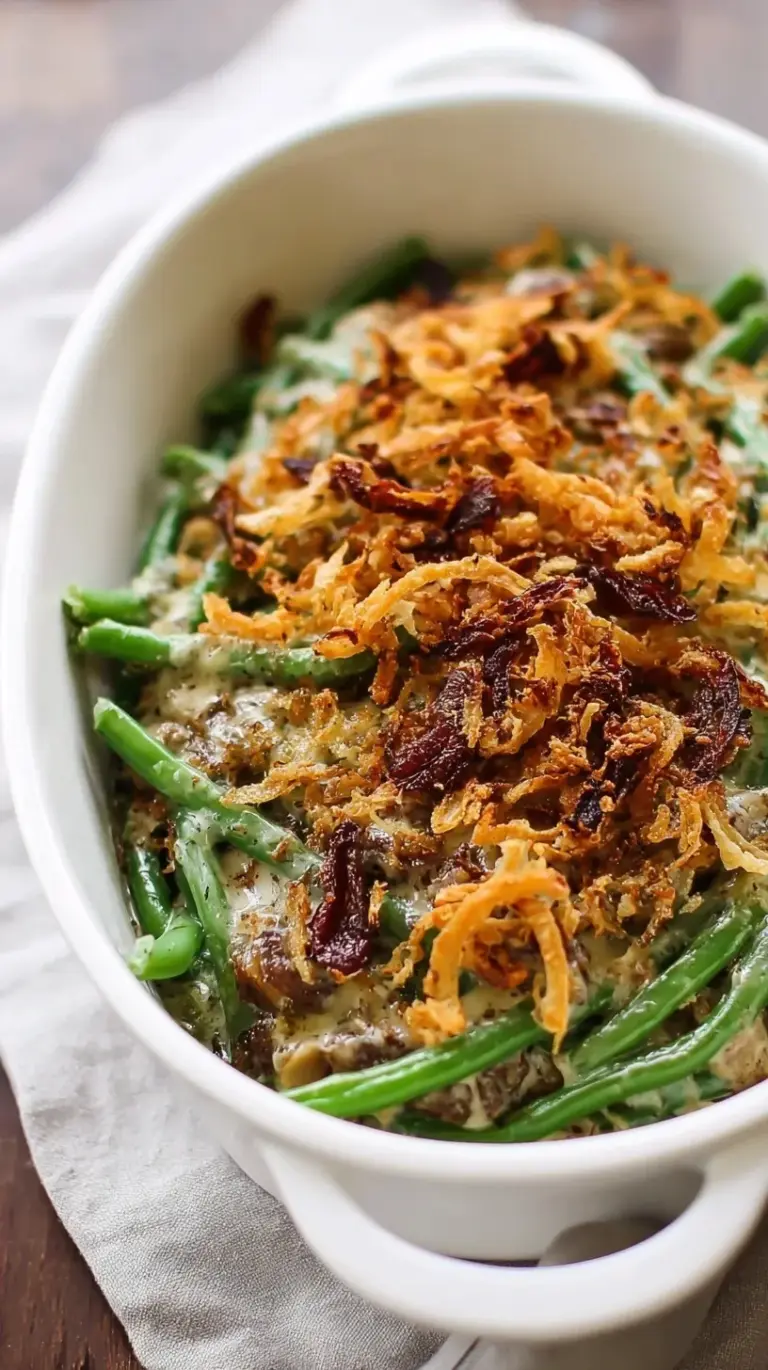 A fresh green bean casserole in a white baking dish with golden breadcrumb topping.