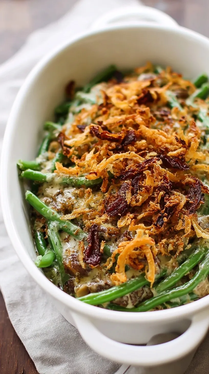 A fresh green bean casserole in a white baking dish with golden breadcrumb topping.