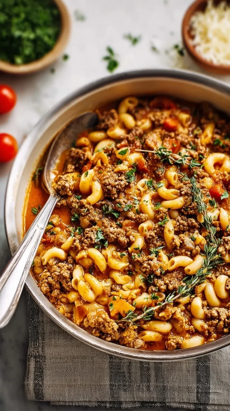 Bowl of healthy hamburger helper with ground beef and pasta in creamy cheese sauce