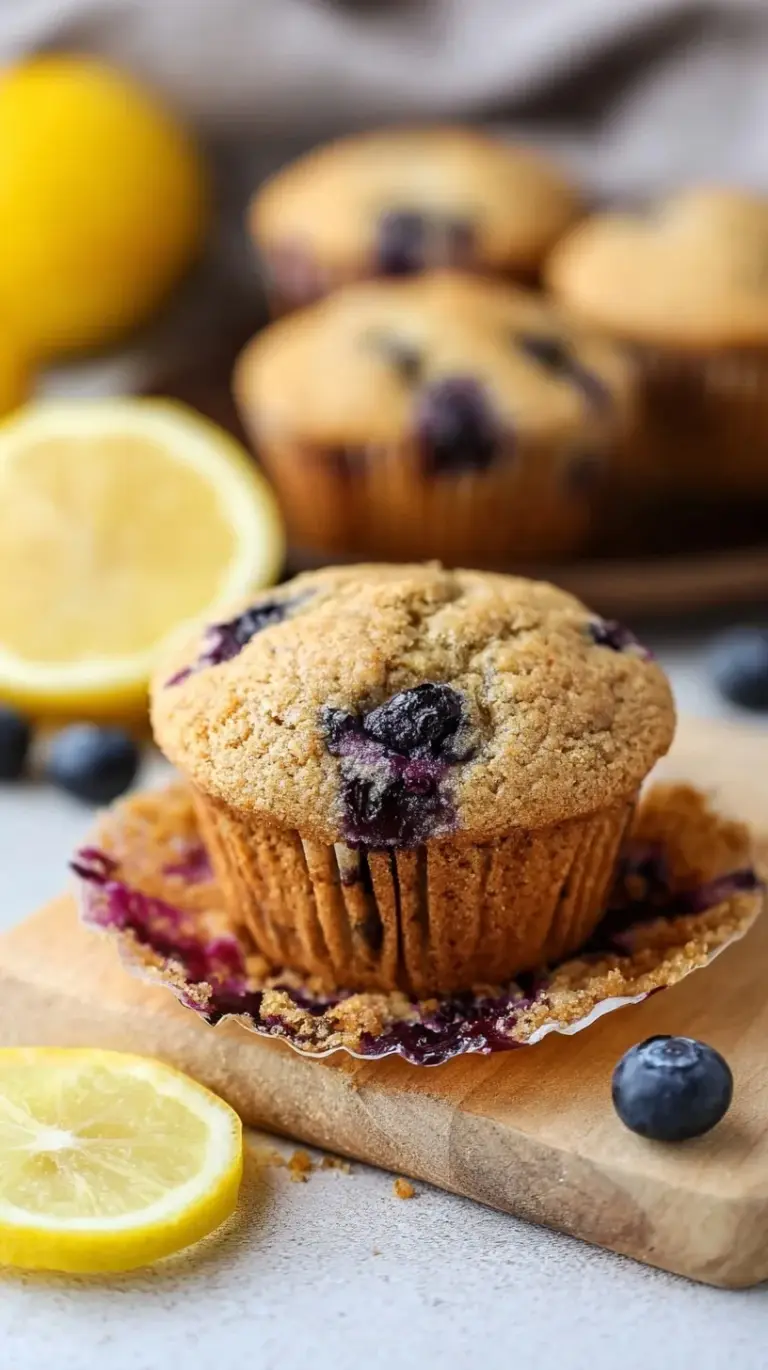 A basket of fresh golden-brown lemon blueberry muffins with visible juicy berries and lemon zest