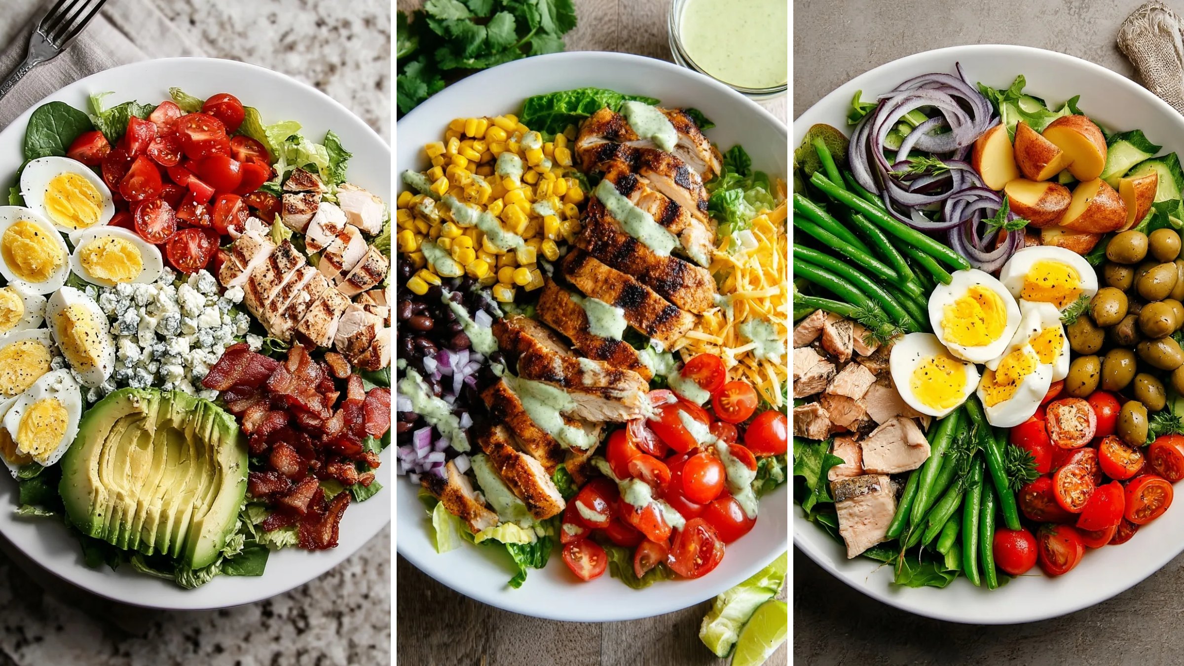 Healthy main dish salads: Cobb salad, Southwest chicken salad and Niçoise salad