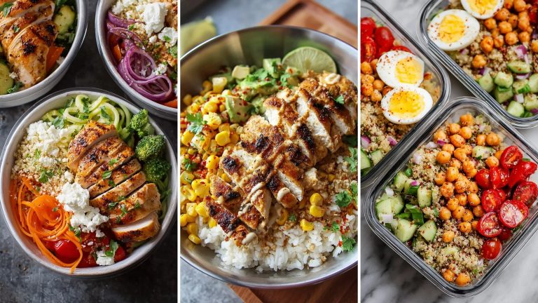 Healthy meal prep recipes: grilled chicken veggie bowls, street corn chicken rice bowls and chickpea quinoa salad