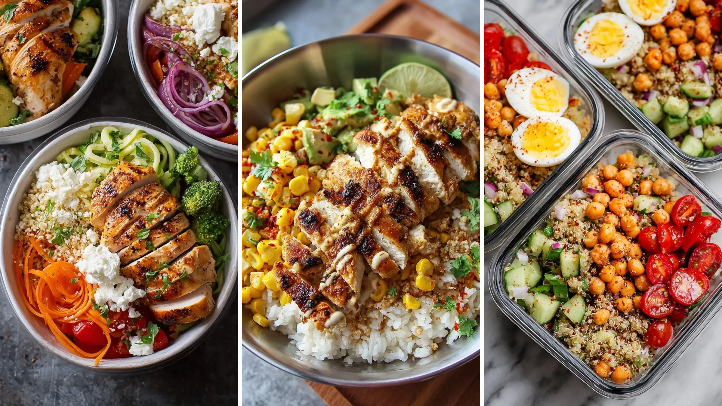 Healthy meal prep recipes: grilled chicken veggie bowls, street corn chicken rice bowls and chickpea quinoa salad