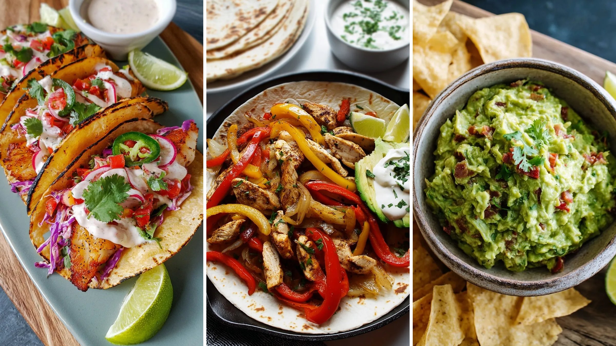 Healthy Mexican-inspired recipes: cod fish tacos, chicken fajitas and guacamole