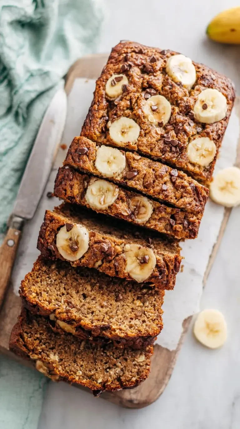 A sliced loaf of healthy oatmeal banana bread on a wooden board with walnuts